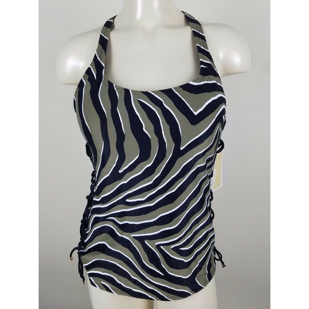 Michael Kors Womens Quincy Zebra Print Side Lace Up Tankini Top M NWT